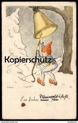 ALTE POSTKARTE ZWERG & GLOCKE NEUJAHR SIG. HILLA PEYK ZWERG LÄUTET GLOCKE Feldpost 1941 dwarf midget bell cloche clarine