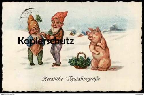 ALTE POSTKARTE ZWERGE & SCHWEIN NEUJAHRSGRÜSSE Zwerg Neujahr New Year Bonne année dwarf midget pig nain porc Gnom cpa