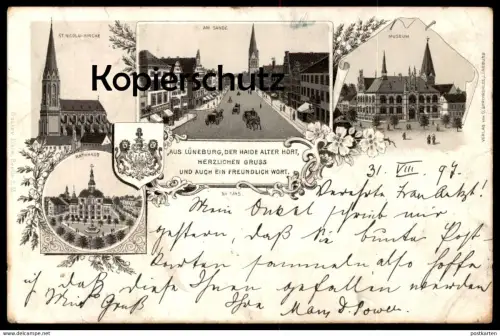 ALTE LITHO POSTKARTE GRUSS AUS LÜNEBURG 1897 AM SANDE ST. NICOLAI-KIRCHE RATHHAUS MUSEUM cpa postcard AK