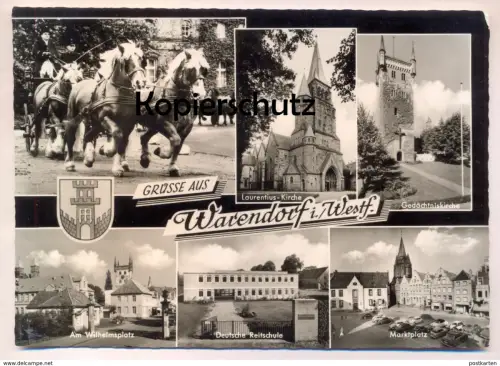 ÄLTERE POSTKARTE GRÜSSE AUS WARENDORF MARKTPLATZ REITSCHULE KIRCHE Vierspänner Attelage à quatre Four-in-hand Horse cpa