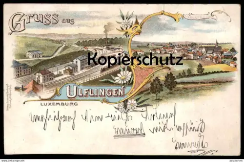 ALTE LITHO POSTKARTE GRUSS AUS ULFINGEN LUXEMBURG LUXEMBOURG BAHNHOF Station Gare Stollwerck Automaten Köln AK postcard