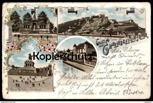 ALTE LITHO POSTKARTE GRUSS AUS EHRENBREITSTEIN KAISERIN AUGUSTA KAISER WILHELM DENKMAL FESTUNG Mosel Monument Koblenz AK