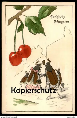 ALTE POSTKARTE FRÖHLICHE PFINGSTEN MAIKÄFER VERMENSCHLICHT KIRSCHE Pentecôte pentecost chafer gibus hat Zylinder cpa AK