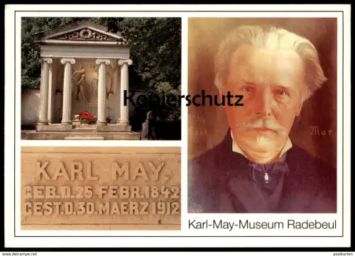 POSTKARTE KARL MAY MUSEUM RADEBEUL Ruhestätte auf Friedhof Funeral Cemetery Cimetière Porträt Ansichtskarte cpa postcard