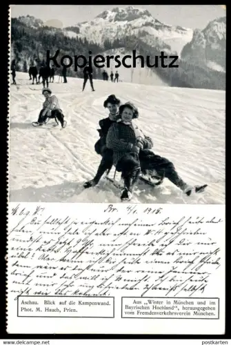 ALTE POSTKARTE ASCHAU BLICK AUF DIE KAMPENWAND 1915 SKI RODEL FREMDENVERKEHRSVEREIN MÜNCHEN LUGE SLEIGH Schlitten Winter