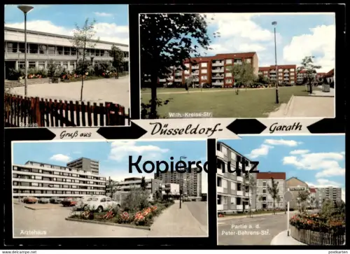 ÄLTERE POSTKARTE DÜSSELDORF-GARATH SCHULE WILHELM-KREISS-STRASSE PETER-BEHRENS-STRASSE ÄRZTEHAUS VW Volkswagen Käfer