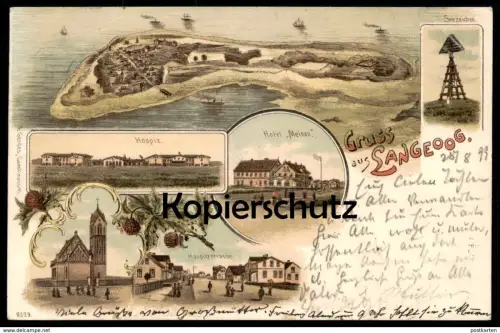 ALTE LITHO POSTKARTE GRUSS AUS LANGEOOG 1899 HOTEL MEINEN SEEZEICHEN HOSPIZ HOSPITZSTRASSE KIRCHE Ansichtskarte AK cpa