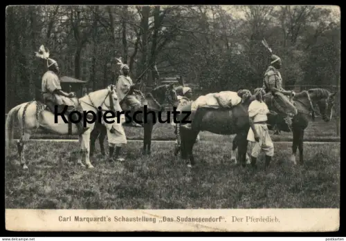 ALTE POSTKARTE CARL MARQUARDT'S SCHAUSTELLUNG DER PFERDEDIEB SUDANESENDORF SENNELAGER Leopard-Fell Sudan indigene native