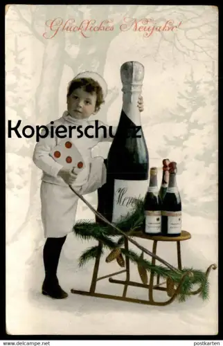 ALTE POSTKARTE GLÜCKLICHES NEUJAHR KIND MIT SCHLITTEN & SEKT Champagne Sleigh sparkling wine montage photo surrealsime