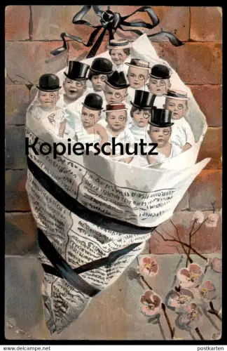 ALTE POSTKARTE SURREALISME BÉBÉS BABYS KLUG Kinder Kind enfant enfants bebe children Montage Zylinder Monokel Baby