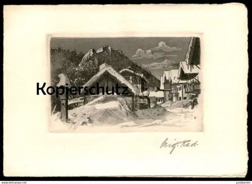 ÄLTERE KÜNSTLER KARTE GARMISCH-PARTENKIRCHEN FRÜHLINGSSTRASSE IM WINTER SCHNEE ORIGINAL RADIERUNG Doppelkarte Klappkarte