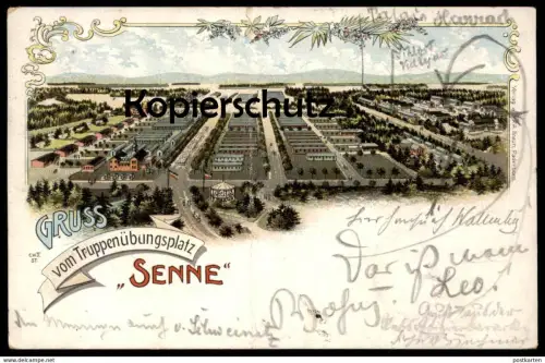 ALTE LITHO POSTKARTE GRUSS VOM TRUPPENÜBUNGSPLATZ SENNE Sennelager Paderborn barracks casern caserne Kaserne AK postcard