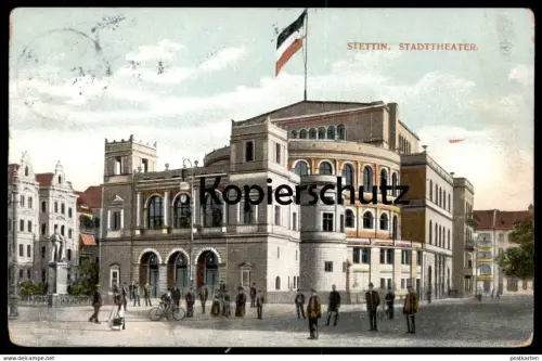 ALTE POSTKARTE STETTIN POMMERN SZCZECIN STADTTHEATER THEATER THEATRE Bicycle Vélo Fahrrad Flag Flagge cpa postcard AK