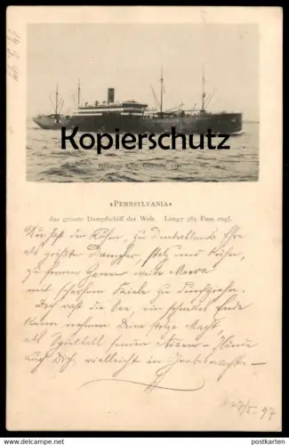 POSTKARTE PENNSYLVANIA DAMPFER 1897 DAS GRÖSSTE DAMPFSCHIFF Steam Ship Steamer bateau à vapeur Hamburg-Amerika-Linie cpa