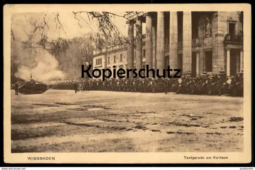 ALTE POSTKARTE WIESBADEN TANKPARADE AM KURHAUS PANZER MILITÄR tank char blindé military soldier Soldat armour armor cpa