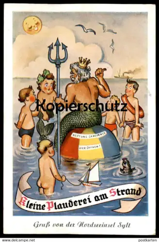 ÄLTERE POSTKARTE GRUSS VON SYLT NEPTUN KLEINE PLAUDEREI AM STRAND Fisch Kind enfant child Leporello carte a systeme cpa