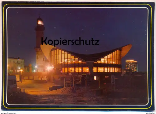 ÄLTERE POSTKARTE ROSTOCK WARNEMÜNDE TEEPOTT & LEUCHTTURM Hotel Neptun bei Nacht in the night nuit lighthouse phare