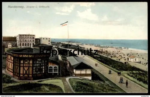ALTE POSTKARTE NORDERNEY STRAND UND GIFTBUDE VERLAG OTTMAR ZIEHER Flagge Fahne Flag Drapeau cpa postcard Ansichtskarte