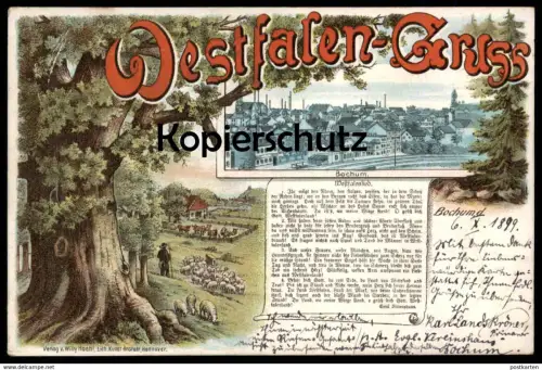 ALTE LITHO POSTKARTE WESTFALEN-GRUSS BOCHUM 1899 Westfalengruss Westfalenlied Lied Emil Rittershaus chanson cpa postcard