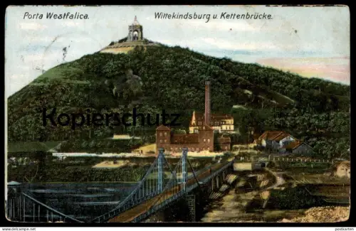 ALTE POSTKARTE PORTA WESTFALICA BEI MINDEN WITTEKINDSBURG UND KETTENBRÜCKE HOLZLAGER Holzstämme Holz wood bois postcard