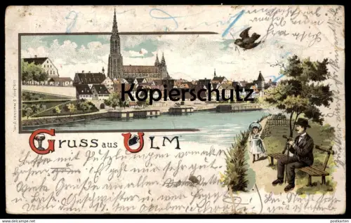 ALTE LITHO POSTKARTE GRUSS AUS ULM Vogel Kind Mann Hut Bowler hat Melone Chapeau melon bird child cpa postcard AK