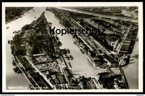 ALTE POSTKARTE MANNHEIM VOM FLUGZEUG HAFEN FRACHTSCHIFF ZUG Harbour Cargo Steam Ship Train Dampfschiff Fliegeraufnahme