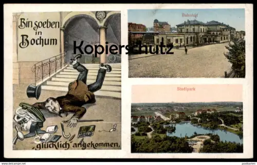 ALTE POSTKARTE BIN SOEBEN IN BOCHUM GLÜCKLICH ANGEKOMMEN HUMOR BAHNHOF STADTPARK Uhr Schirm Humour station gare cpa AK