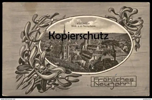 ALTE POSTKARTE ESSLINGEN BLICK VON DER NECKARHALDE FRÖHLICHES NEUJAHR ! new year nouvel an Jugendstil AK Ansichtskarte