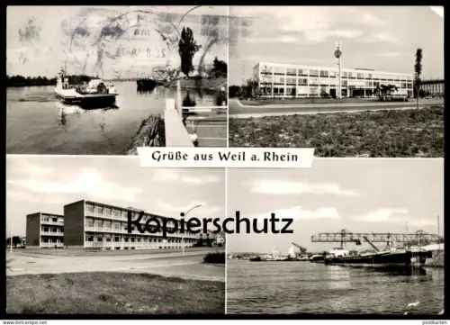 ÄLTERE POSTKARTE GRÜSSE AUS WEIL AM RHEIN Fähre Frachtschiff cargo ship ferry Kran crane grue postcard Ansichtskarte
