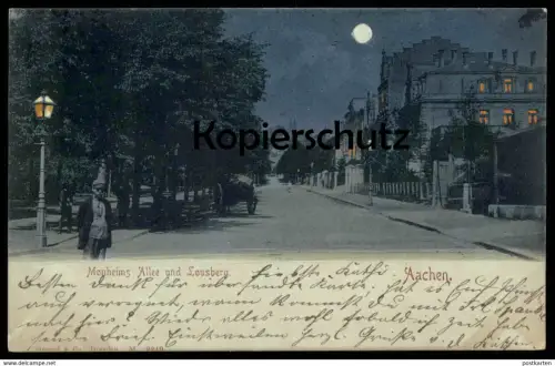 ALTE MONDSCHEIN POSTKARTE AACHEN MONHEIMS ALLEE & LOUSBERG 1899 RÖTLICHE FENSTER moonlight postcard cpa clair de lune