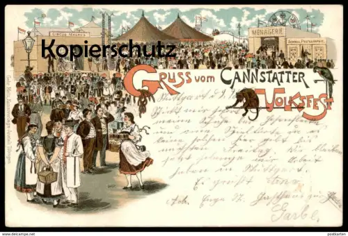 ALTE LITHO POSTKARTE VOLKSFEST BAD CANNSTATT 1898 Circus Zirkus cirque Kirmes kermesse ducasse fun fair Papagei ape
