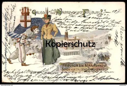 ALTE WINTER LITHO POSTKARTE GRUSS AUS DER NARRENSTADT FREIBURG FRIBURGIA CARNEVAL KARNEVAL carnival carnaval clown cpa