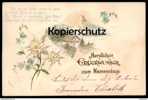 ALTE POSTKARTE GLÜCKWUNSCH ZUM NAMENSTAG PRÄGEKARTE EMBOSSED Edelweiß Edelweiss gauffrée gaufrée Ansichtskarte postcard