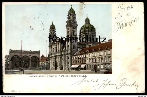 ALTE LITHO POSTKARTE GRUSS AUS MÜNCHEN 1899 THEATINERKIRCHE MIT FELDHERRNHALLE AK Ansichtskarte postcard cpa