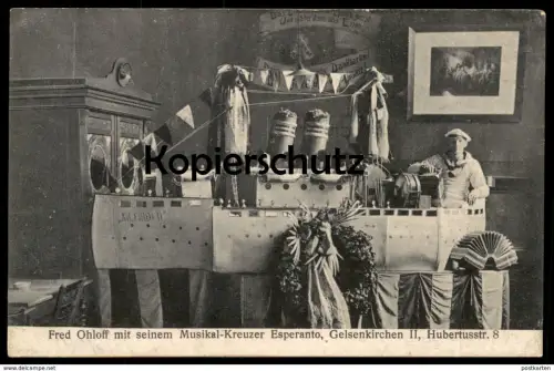 ALTE POSTKARTE GELSENKIRCHEN SCHIFF KREUZER ESPERANTO EMDEN HUBERTUSSTRASSE FRED OHLOFF HUMOR music steamer ship humour