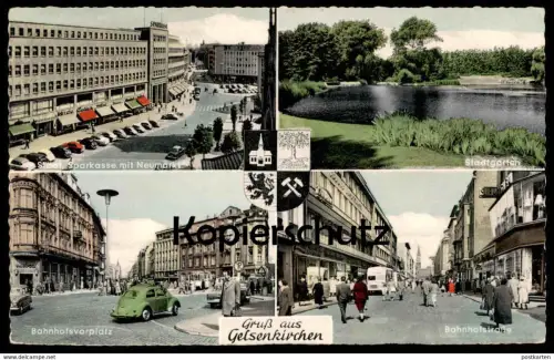 ÄLTERE POSTKARTE GRUSS AUS GELSENKIRCHEN SPARKASSE NEUMARKT BAHNHOFSVORPLATZ STADTGARTEN Volkswagen VW Käfer Wappen AK