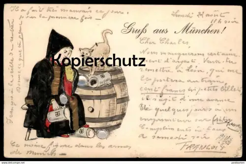 ALTE PRÄGE POSTKARTE GRUSS AUS MÜNCHEN MÜNCHNER KINDL MIT KATZE vergoldet CAT chat Prägekarte embossed AK