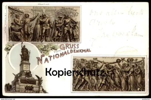 ALTE LITHO POSTKARTE GRUSS VOM NATIONALDENKMAL RÜDESHEIM ABSCHIED HEIMKEHR STEMPEL 09.09.99 stamp Niederwalddenkmal