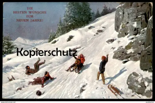 ALTE KÜNSTLER POSTKARTE NEUJAHR WINTER SCHLITTEN KINDER new year nouvel an hiver sleigh sledge traineau luge postcard