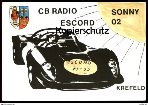 ÄLTERE QSL KARTE KREFELD CB RADIO ESCORD SONNY 2 Rennwagen McLaren ? Auto racing car Ford ? Wappen postcard cpa AK