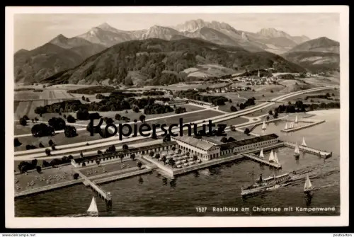 ALTE POSTKARTE RASTHAUS AM CHIEMSEE MIT KAMPENWAND PANORAMA LUFTBILD TOTAL GESAMTANSICHT Ansichtskarte postcard cpa