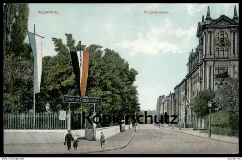 ALTE POSTKARTE AUGSBURG SINGERSTRASSE GARTEN ZUM STOCKHAUS KELLER STOCKHAUSKELLER BEFLAGGUNG Ansichtskrte postcard cpa