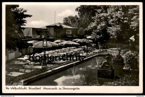 ALTE POSTKARTE DÜSSELDORF DIE WOLFSSCHLUCHT RESTAURANT WASSERSPIELE IM TERRASSENGARTEN GRAFENBERGER WALD AK cpa postcard