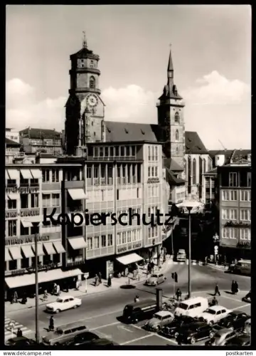 ÄLTERE POSTKARTE STUTTGART MARKTPLATZ MIT STIFTSKIRCHE VW BUS MIT AUFDRUCK EBERSPÄCHER & STIERLE TUCHHANDLUNG KÄFER Auto