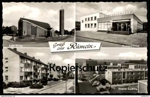 ÄLTERE POSTKARTE GRUSS AUS RUMELN KREISSPARKASSE AM BAHNHOF ESSENER SIEDLUNG KATHOLISCHE KIRCHE DUISBURG AK postcard