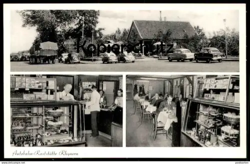 ÄLTERE POSTKARTE AUTOBAHN-RASTSTÄTTE RHYNERN-SÜD HAMM VW KÄFER KELLNER Autobahn Köln-Berlin motorway highway autoroute