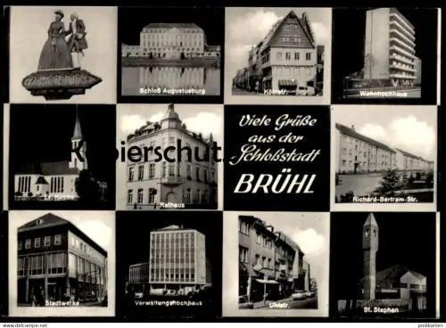 ALTE POSTKARTE BRÜHL STADTWERKE VERWALTUNGSHOCHHAUS WOHNHOCHHAUS ST. STEPHAN UHLSTRASSE RICHARD BERTRAM STRASSE SCHLOSS