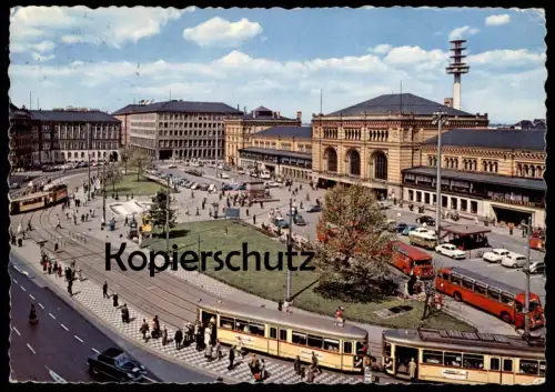 POSTKARTE HANNOVER BAHNHOF KINO Station gare cinema ciné cinéma Strassenbahn Tram Tramway Bus voitures car cars cpa