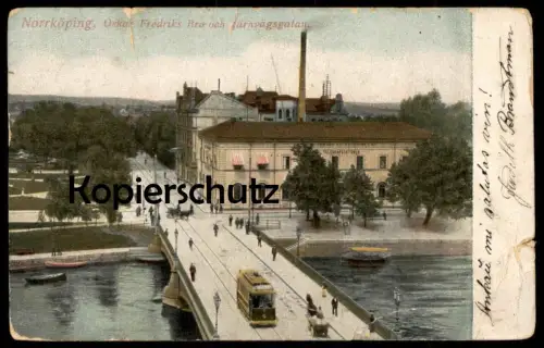 ALTE POSTKARTE NORRKÖPING OSKAR FEDRIKS BRO OCH JÄRNVÄGSGATAN TELEGRAFSTATIONEN Tram tramway Schweden Sverige Suede cpa