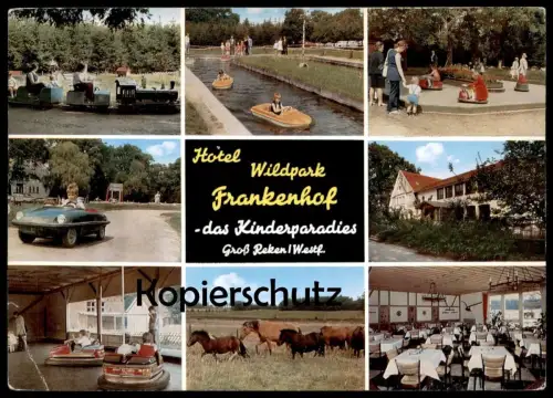 POSTKARTE HOTEL WILDPARK FRANKENHOF GROSS REKEN FREIZEITPARK Pferde Autoscooter leisure parc bumper car Eisenbahn train